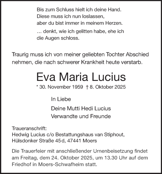 Traueranzeige von Eva Maria Lucius von Tageszeitung