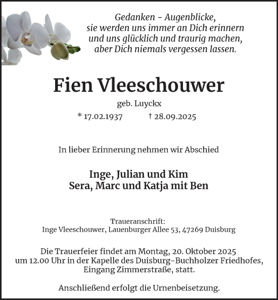 Traueranzeige von Fien Vleeschouwer von Tageszeitung