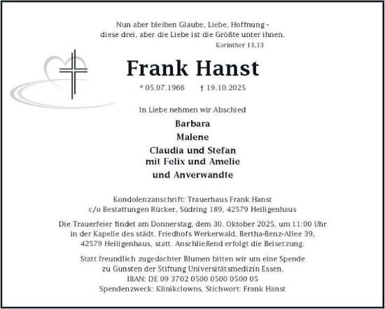 Traueranzeige von Frank Hanst von Tageszeitung