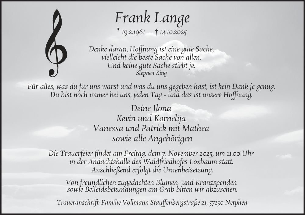  Traueranzeige für Frank Lange vom 01.11.2025 aus Tageszeitung