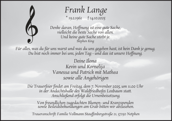 Traueranzeige von Frank Lange von Tageszeitung