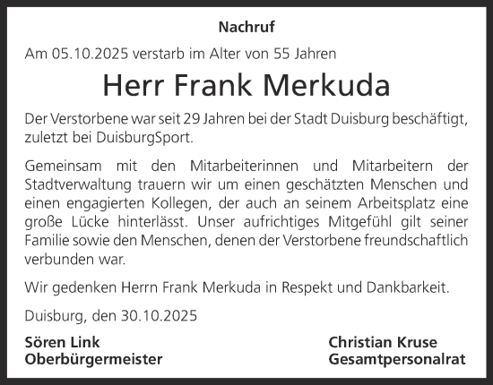 Traueranzeige von Frank Merkuda von Tageszeitung