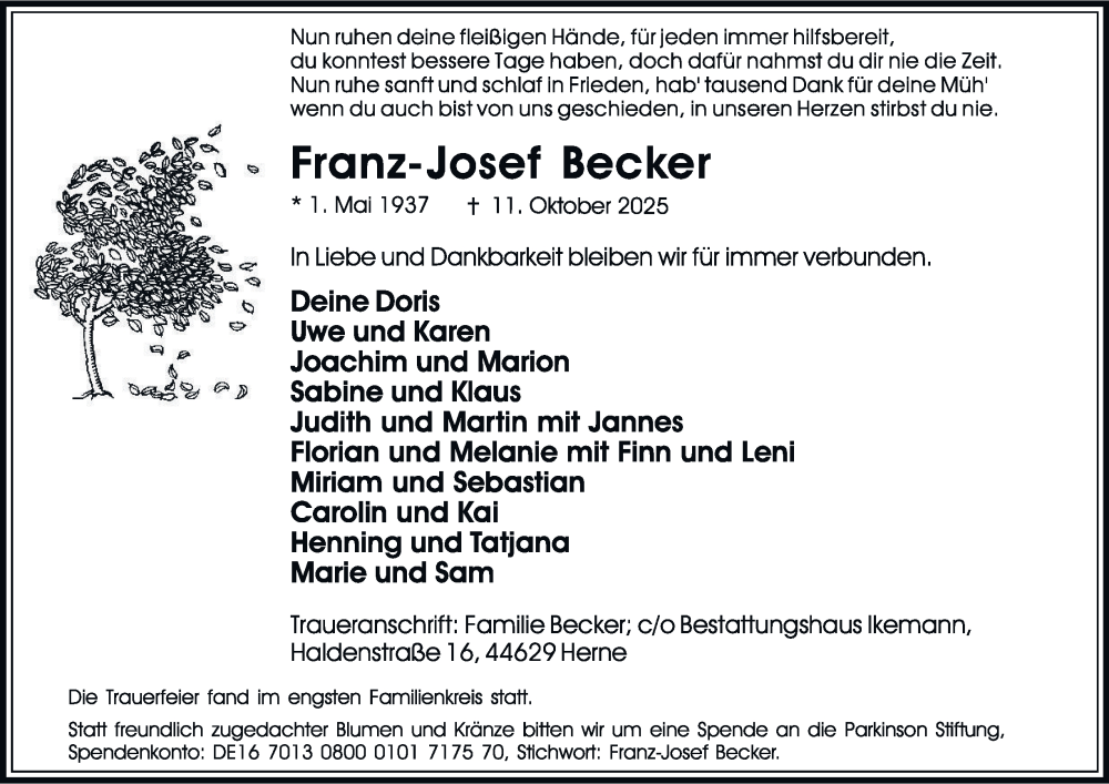  Traueranzeige für Franz-Josef Becker vom 29.10.2025 aus Tageszeitung