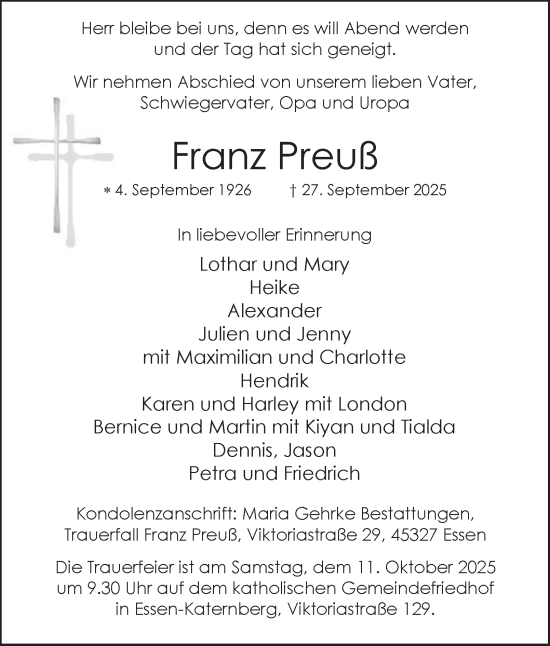 Traueranzeige von Franz Preuß von Tageszeitung
