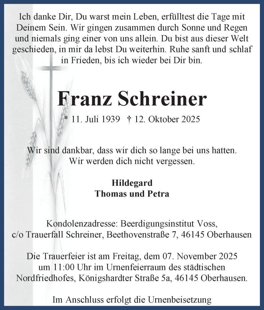  Traueranzeige für Franz Schreiner vom 25.10.2025 aus Tageszeitung