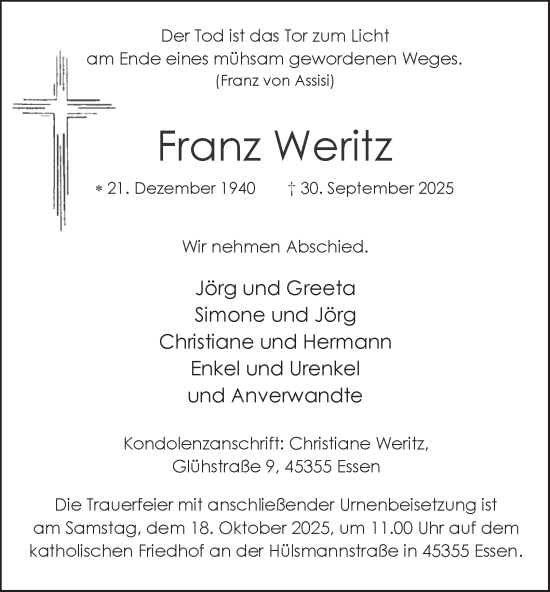 Traueranzeige von Franz Weritz von Tageszeitung