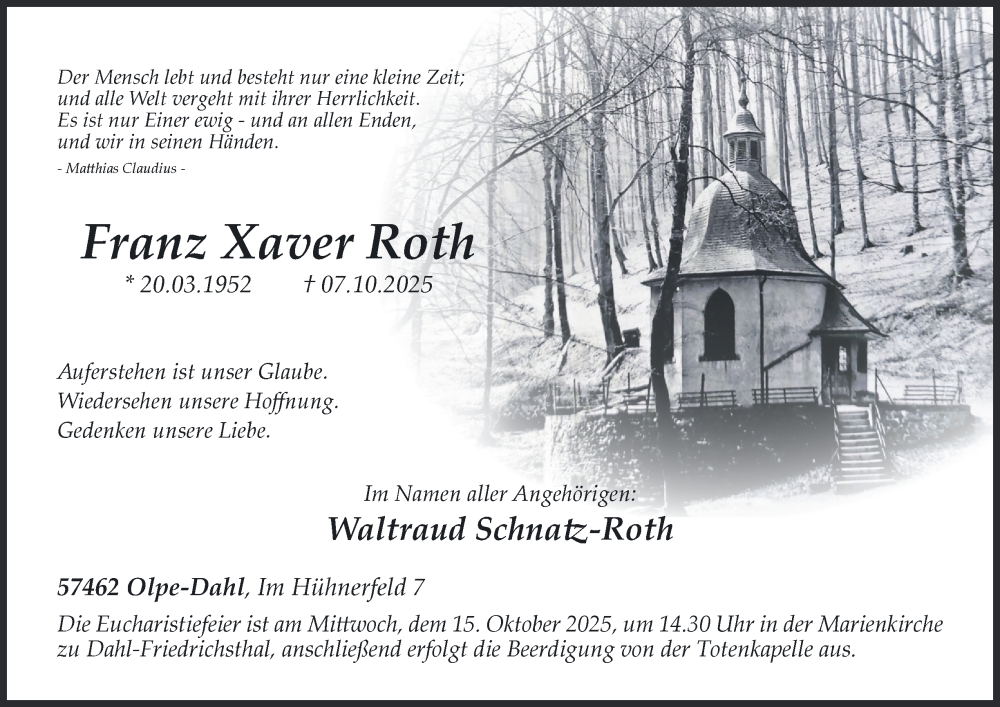  Traueranzeige für Franz Xaver Roth vom 11.10.2025 aus Tageszeitung