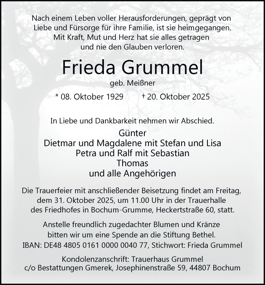  Traueranzeige für Frieda Grummel vom 25.10.2025 aus Tageszeitung