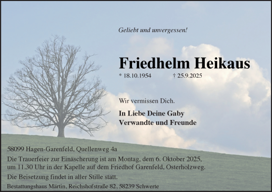 Traueranzeige von Friedhelm Heikaus von Tageszeitung