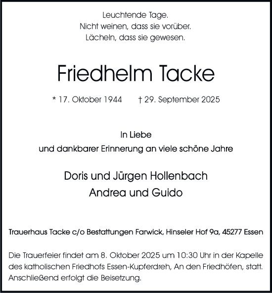 Traueranzeige von Friedhelm Tacke von Tageszeitung