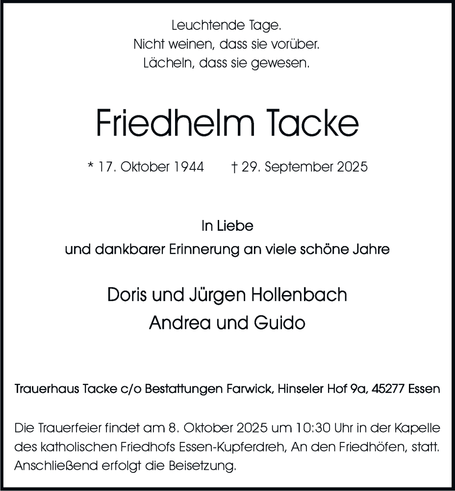  Traueranzeige für Friedhelm Tacke vom 04.10.2025 aus Tageszeitung
