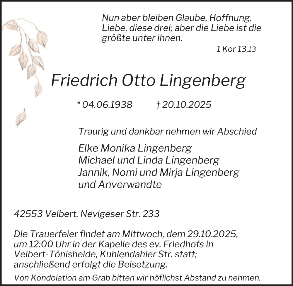  Traueranzeige für Friedrich Otto Lingenberg vom 25.10.2025 aus Tageszeitung