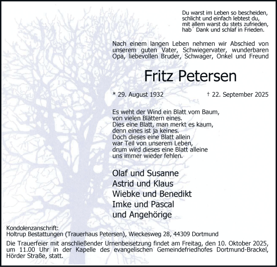 Traueranzeige von Fritz Petersen von Tageszeitung