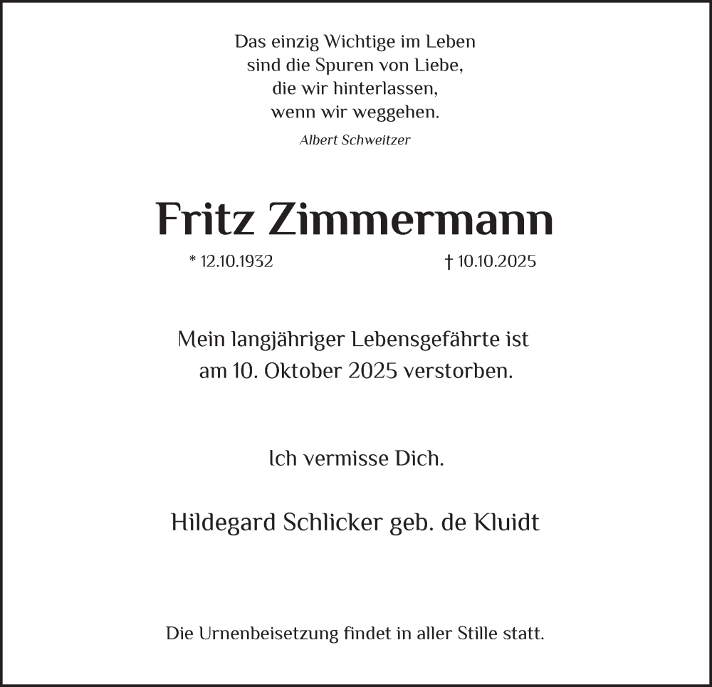  Traueranzeige für Fritz Zimmermann vom 18.10.2025 aus Tageszeitung