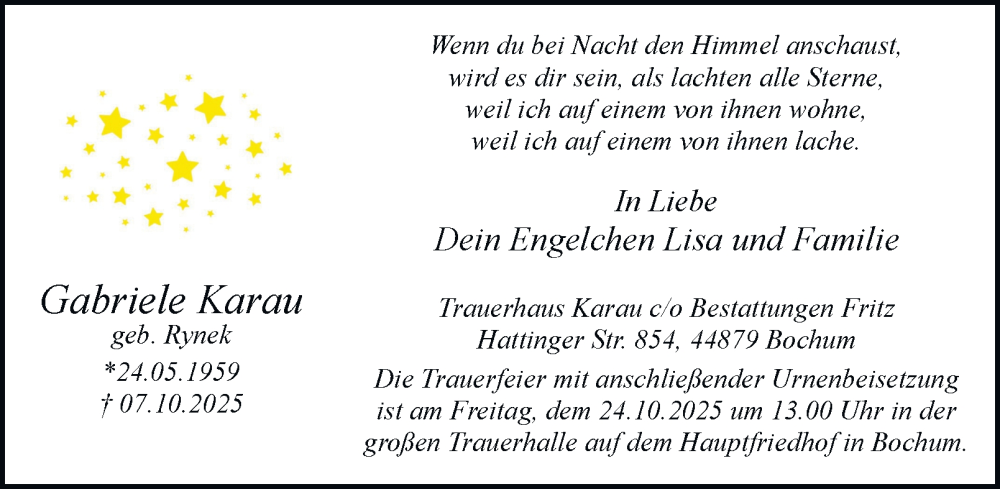  Traueranzeige für Gabriele Karau vom 18.10.2025 aus Tageszeitung