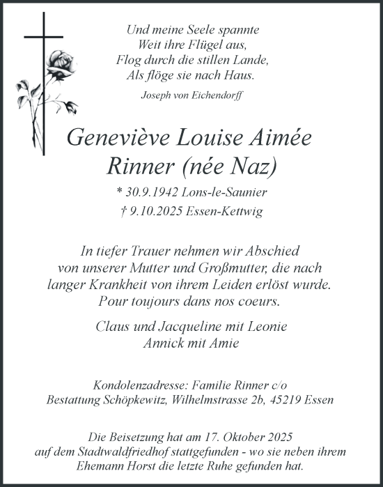 Traueranzeige von Genevieve Louise Aimée Rinner von Tageszeitung