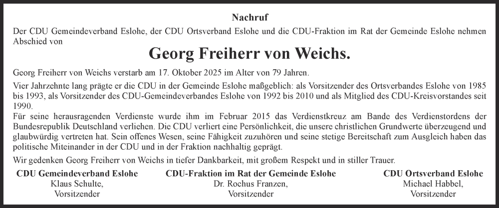  Traueranzeige für Georg Freiherr von Weichs vom 22.10.2025 aus Tageszeitung