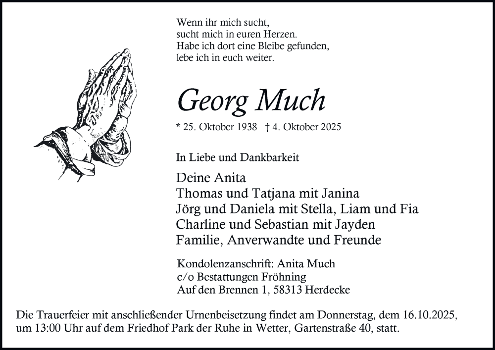  Traueranzeige für Georg Much vom 11.10.2025 aus Tageszeitung