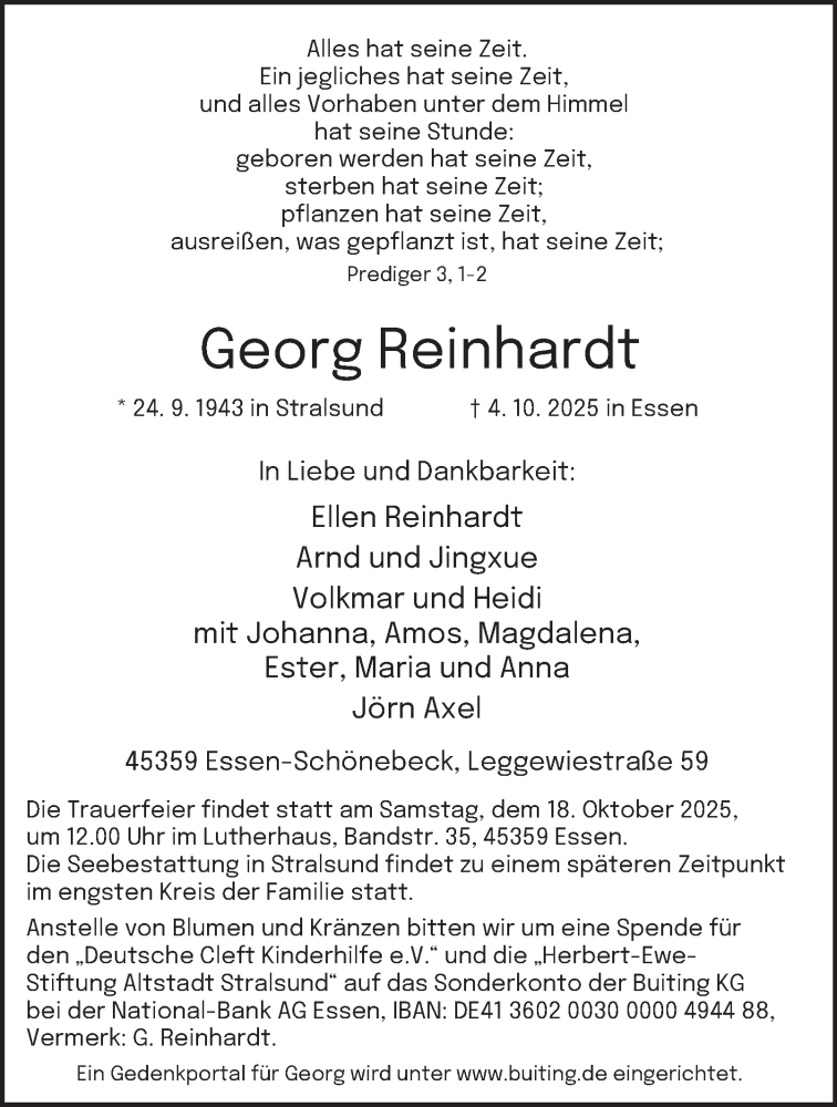  Traueranzeige für Georg Reinhardt vom 11.10.2025 aus Tageszeitung