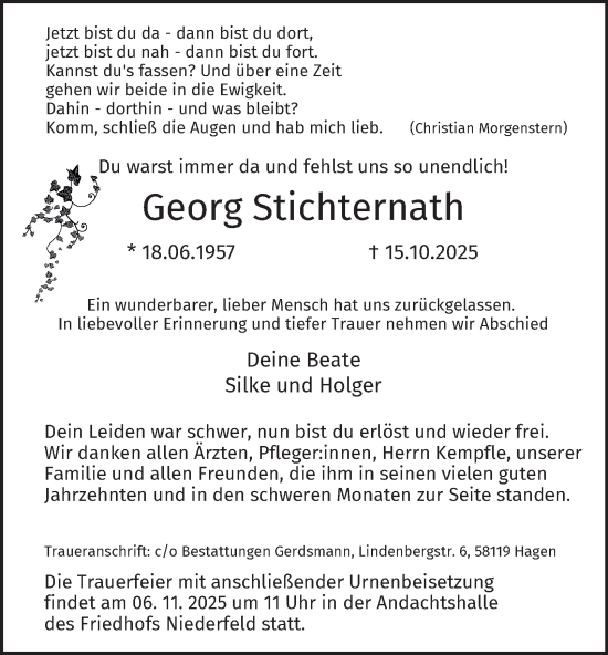 Traueranzeige von Georg Stichternath von Tageszeitung