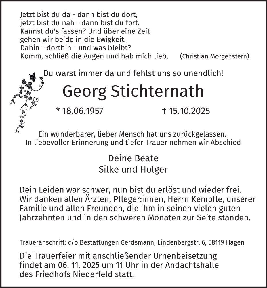  Traueranzeige für Georg Stichternath vom 01.11.2025 aus Tageszeitung