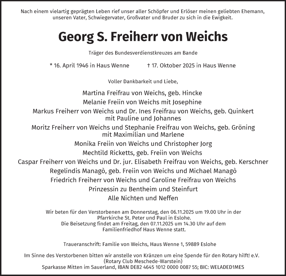  Traueranzeige für Georg S. Freiherr von Weichs vom 22.10.2025 aus Tageszeitung