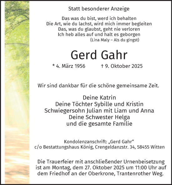 Traueranzeige von Gerd Gahr von Tageszeitung