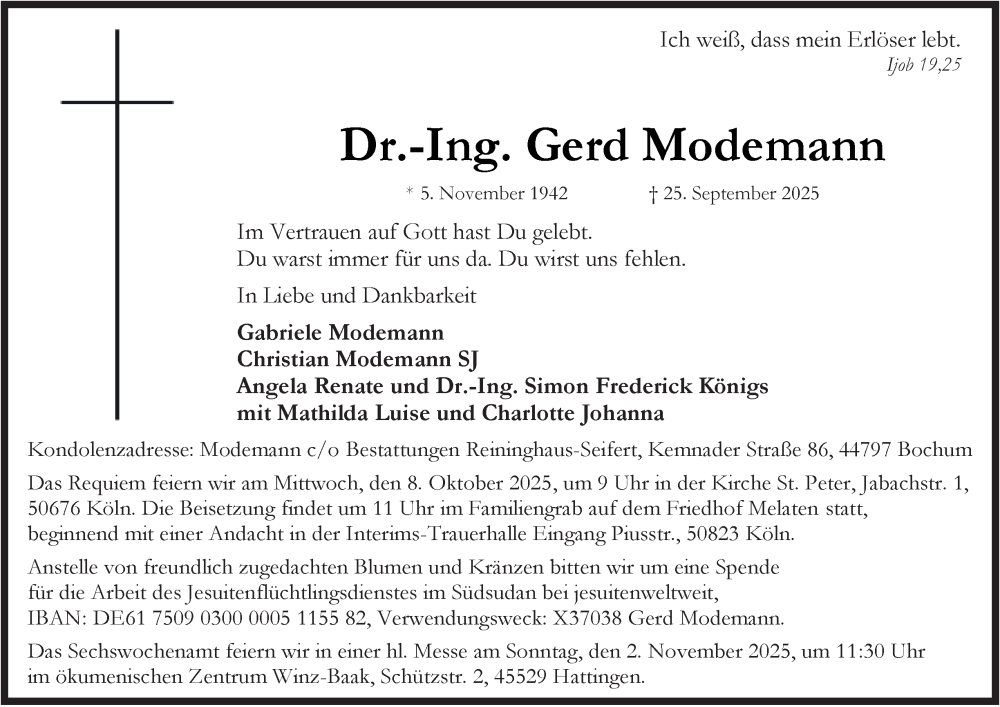 Traueranzeige für Gerd Modemann vom 04.10.2025 aus Tageszeitung
