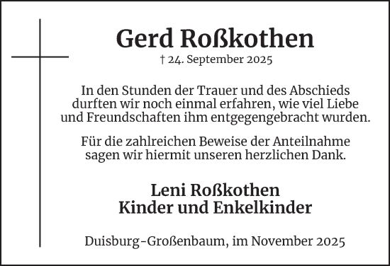 Traueranzeige von Gerd Roßkothen von Tageszeitung