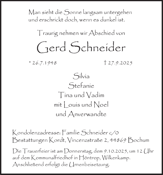 Traueranzeige von Gerd Schneider von Tageszeitung