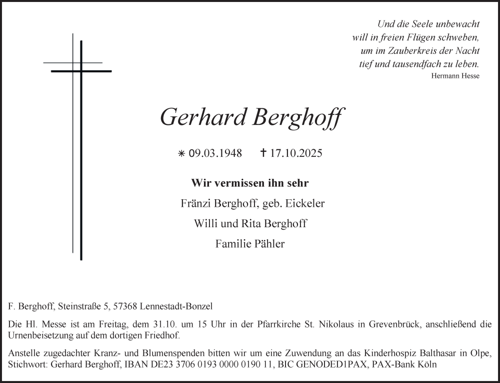  Traueranzeige für Gerhard Berghoff vom 25.10.2025 aus Tageszeitung