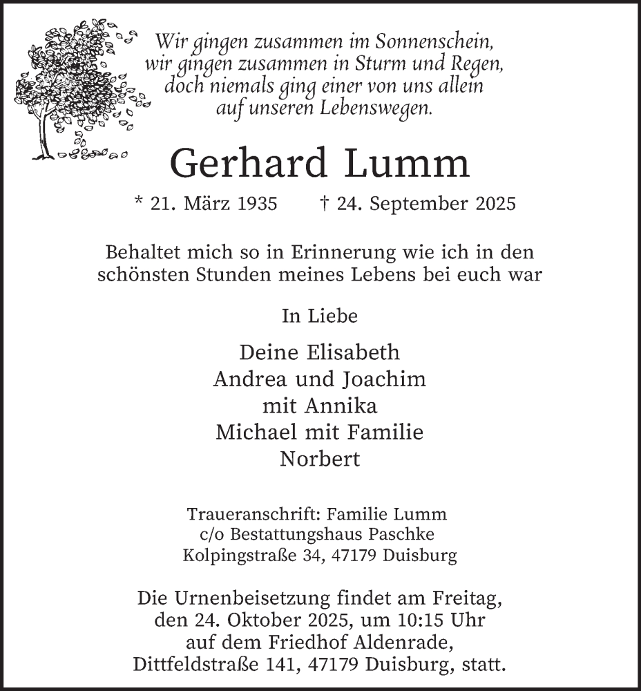  Traueranzeige für Gerhard Lumm vom 18.10.2025 aus Tageszeitung