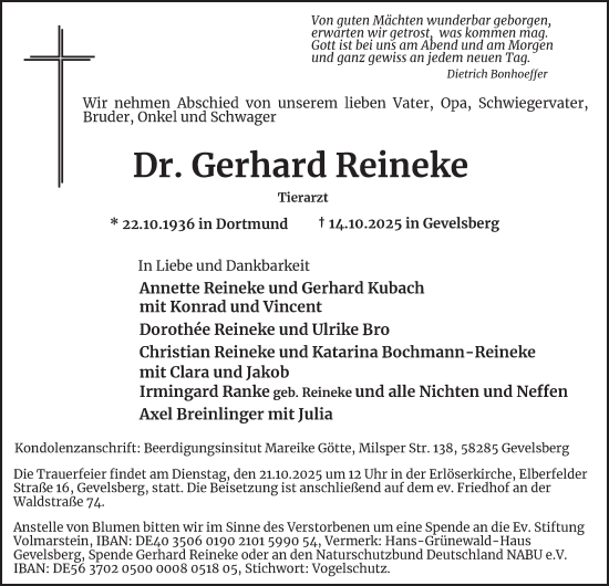 Traueranzeige von Gerhard Reineke von Tageszeitung