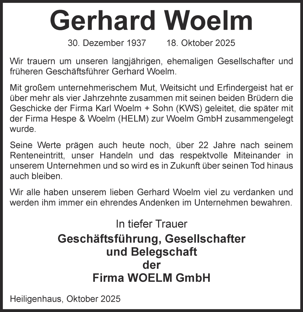  Traueranzeige für Gerhard Woelm vom 01.11.2025 aus Tageszeitung