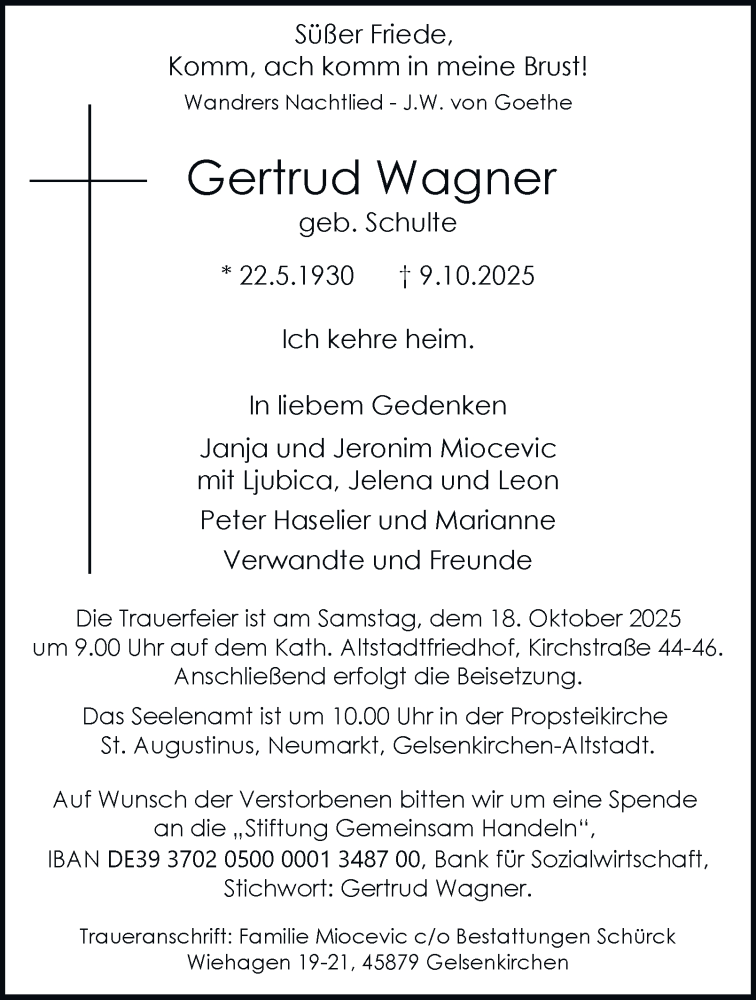  Traueranzeige für Gertrud Wagner vom 16.10.2025 aus Tageszeitung