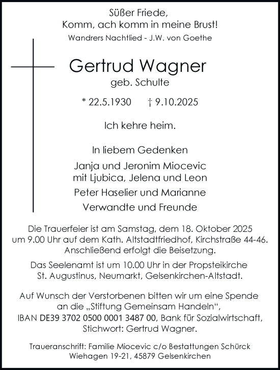 Traueranzeige von Gertrud Wagner von Tageszeitung