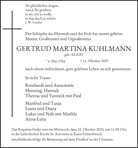 Traueranzeige von Gertrud Martina Kuhlmann von Tageszeitung