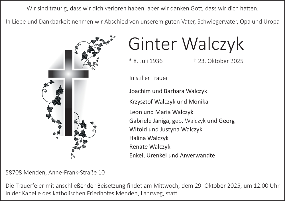  Traueranzeige für Ginter Walczyk vom 25.10.2025 aus Tageszeitung