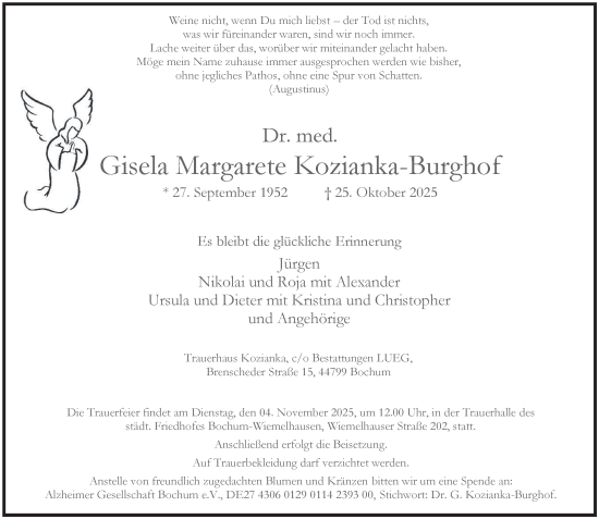 Traueranzeige von Gisela Margarete Kozianka-Burghof von Tageszeitung