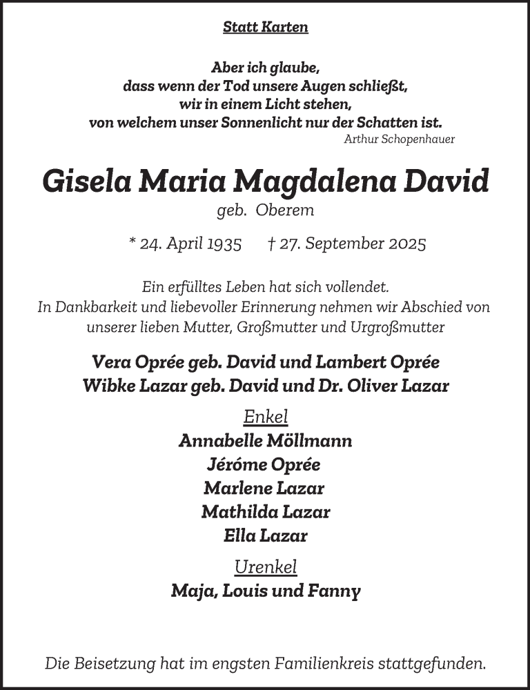  Traueranzeige für Gisela Maria Magdalena David vom 11.10.2025 aus Tageszeitung