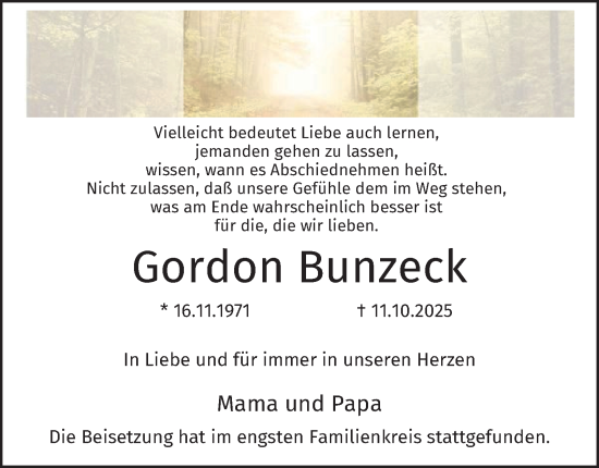 Traueranzeige von Gordon Bunzeck von Tageszeitung