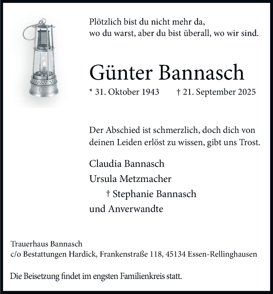  Traueranzeige für Günter Bannasch vom 04.10.2025 aus Tageszeitung