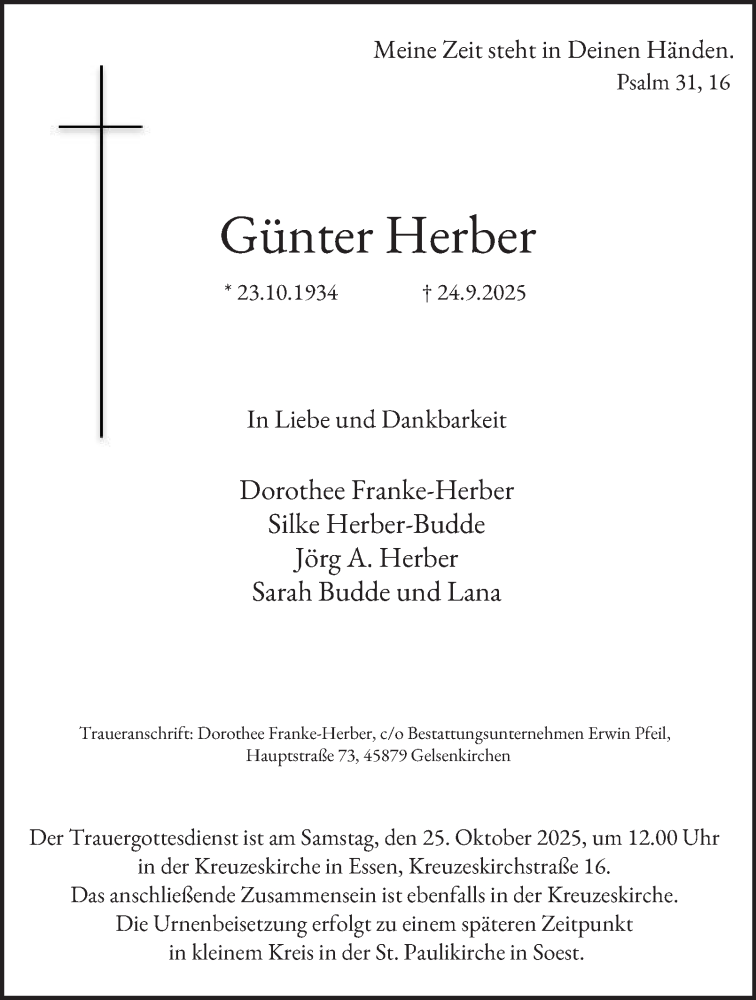  Traueranzeige für Günter Herber vom 11.10.2025 aus Tageszeitung