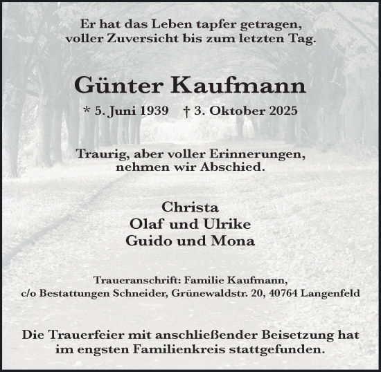 Traueranzeige von Günter Kaufmann von Tageszeitung