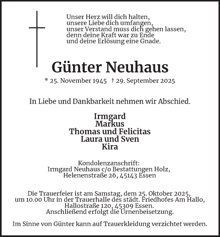  Traueranzeige für Günter Neuhaus vom 18.10.2025 aus Tageszeitung