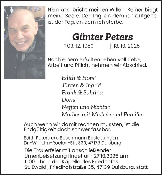 Traueranzeige von Günter Peters von Tageszeitung