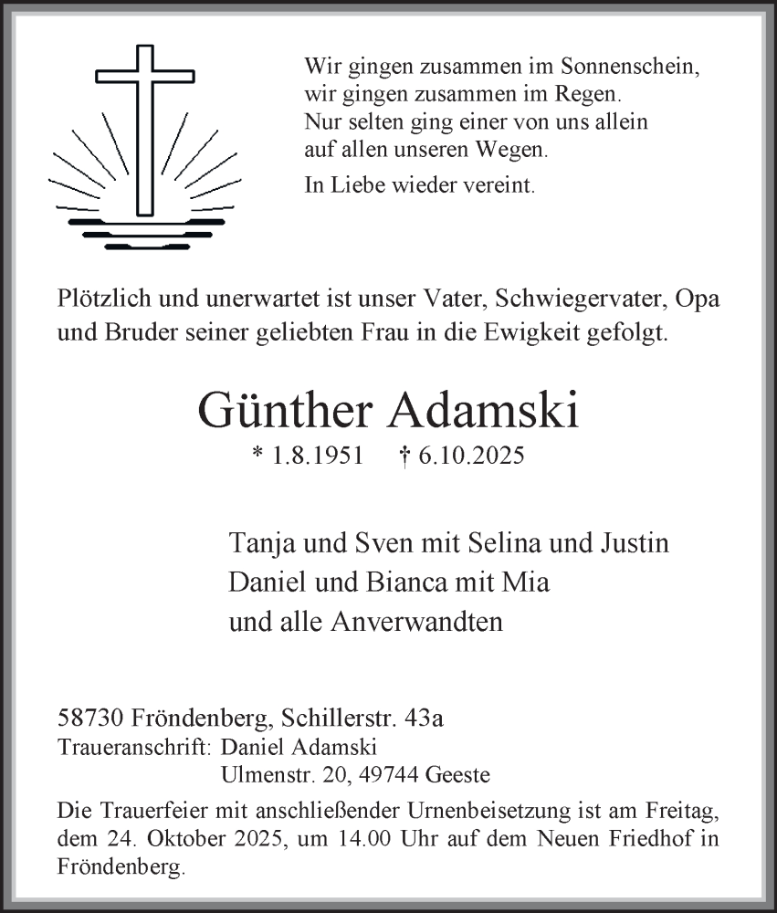  Traueranzeige für Günther Adamski vom 18.10.2025 aus Tageszeitung
