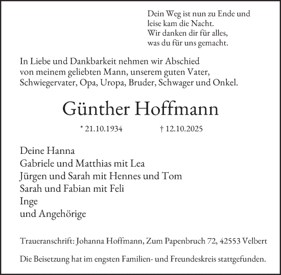 Traueranzeige von Günther Hoffmann von Tageszeitung