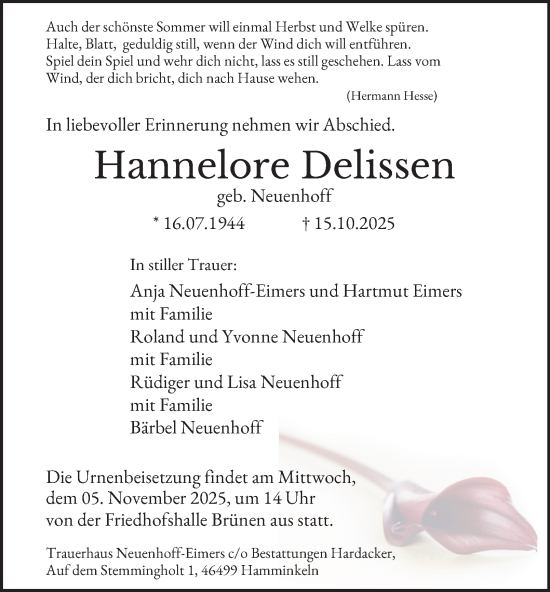 Traueranzeige von Hannelore Delissen von Tageszeitung