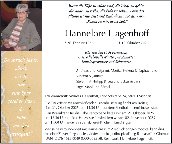 Traueranzeige von Hannelore Hagenhoff von Tageszeitung